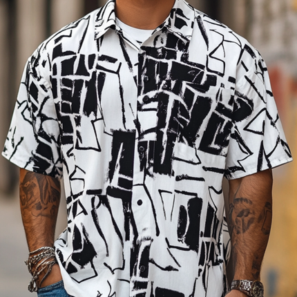 Men's Geometric Print Short Sleeve Shirt | Loose Fit Lapel Collar | Stylish Summer Casual Apparel | Trendy Breathable Top