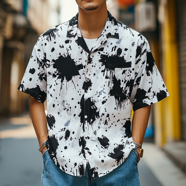 Men's Short Sleeve Shirt | Ink Splash Print | Lapel Collar | Loose Fit | Lightweight Breathable Fabric | Casual Summer Top | Stylish and Comfortable | Versatile Wardrobe Essential