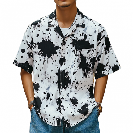 Men's Short Sleeve Shirt | Ink Splash Print | Lapel Collar | Loose Fit | Lightweight Breathable Fabric | Casual Summer Top | Stylish and Comfortable | Versatile Wardrobe Essential
