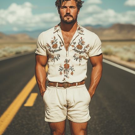Men's Summer Jumpsuit | Deep V Neck Western Style | Cotton Linen Blend | Embroidered Design | Relaxed Fit | Breathable Fabric | Casual Vacation Wear | Stylish & Comfortable | Practical Pockets