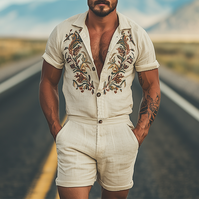 Men's Casual Retro Western Jumpsuit | Cotton Linen Blend | Embroidered | Breathable Summer Fashion | Relaxed Fit | Versatile Style | Functional Pockets | Timeless Look | Standout Design