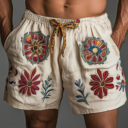 Men's Retro Embroidered Elastic Waist Shorts | Cotton Linen Blend | Summer Casual Shorts | Lace-up Closure | Breathable and Lightweight | Relaxed Fit | Multiple Sizes | Timeless Style