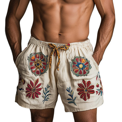 Men's Retro Embroidered Elastic Waist Shorts | Cotton Linen Blend | Summer Casual Shorts | Lace-up Closure | Breathable and Lightweight | Relaxed Fit | Multiple Sizes | Timeless Style