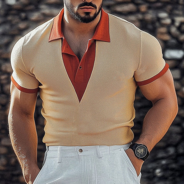 Men's Slim Fit Knitted T-Shirt | Summer Business Casual Shirt | Color Block Collar Design | Breathable Lightweight Fabric | Short Sleeve | Versatile Office & Casual Wear | Available in Sizes S-3XL | Stylish Men's Top