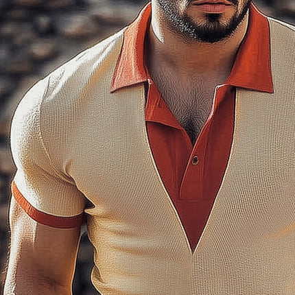 Men's Slim Fit Knitted T-Shirt | Summer Business Casual Shirt | Color Block Collar Design | Breathable Lightweight Fabric | Short Sleeve | Versatile Office & Casual Wear | Available in Sizes S-3XL | Stylish Men's Top