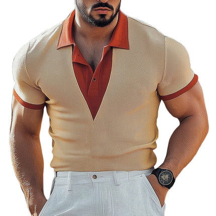 Men's Slim Fit Knitted T-Shirt | Summer Business Casual Shirt | Color Block Collar Design | Breathable Lightweight Fabric | Short Sleeve | Versatile Office & Casual Wear | Available in Sizes S-3XL | Stylish Men's Top