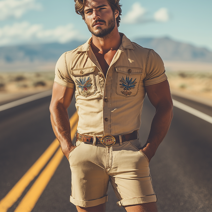 Men's Casual Workwear Jumpsuit | Twill Cotton | Embroidered Design | Multiple Pockets | Spring Summer Outfit | Relaxed Fit | Durable Comfortable Fabric | Versatile Everyday Wear | Easy Care