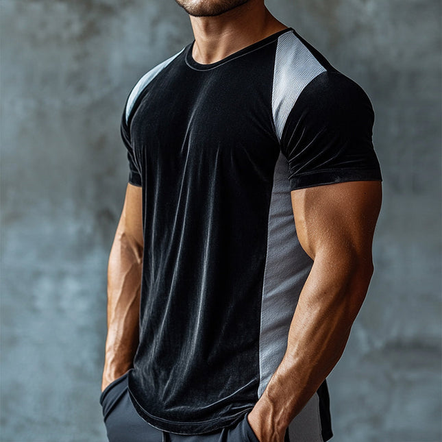 Men's Retro Velvet Stitching Short Sleeve T-Shirt | Round Neck Casual Top | Comfortable & Stylish | High-Quality Fabric | Versatile Fashion | Multiple Sizes Available