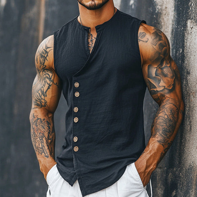 Men's Retro Solid Color Linen Tank Top | Stand Collar Sleeveless | Summer Casual Shirt | Versatile Comfortable Fit | Vintage Style | Breathable Linen Fabric | Available in Sizes S-3XL