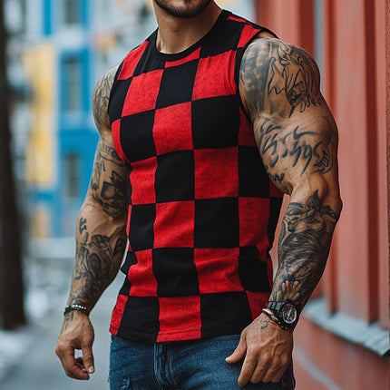 Men's Retro Checkerboard Print Tank Top | Contrast Design | Crew Neck | Sleeveless | Casual Vintage Style | Lightweight Breathable Fabric | Ideal for Warm Weather & Layering | Available in Sizes S to 3XL