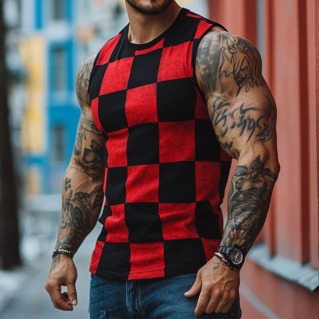 Men's Retro Checkerboard Print Tank Top | Contrast Design | Crew Neck | Sleeveless | Casual Vintage Style | Lightweight Breathable Fabric | Ideal for Warm Weather & Layering | Available in Sizes S to 3XL