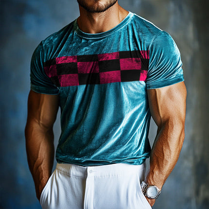 Men's Velvet T-Shirt | Checkerboard Print | Round Neck | Short Sleeve | Casual Wear | Soft Texture | Fashionable Design | Unique Pattern | Comfortable Fit | Various Sizes | Stylish Everyday Outfit