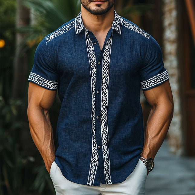 Men's Retro Geometric Print Linen Shirt | Ethnic Style | Short Sleeve | Lapel Collar | Breathable Casual Wear | Artistic Flair | S to 3XL Sizes | Comfortable Fit