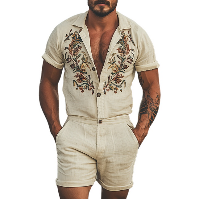 Men's Casual Retro Western Jumpsuit | Cotton Linen Blend | Embroidered | Breathable Summer Fashion | Relaxed Fit | Versatile Style | Functional Pockets | Timeless Look | Standout Design