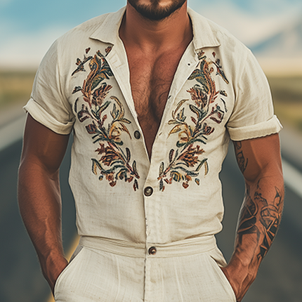 Men's Casual Retro Western Jumpsuit | Cotton Linen Blend | Embroidered | Breathable Summer Fashion | Relaxed Fit | Versatile Style | Functional Pockets | Timeless Look | Standout Design