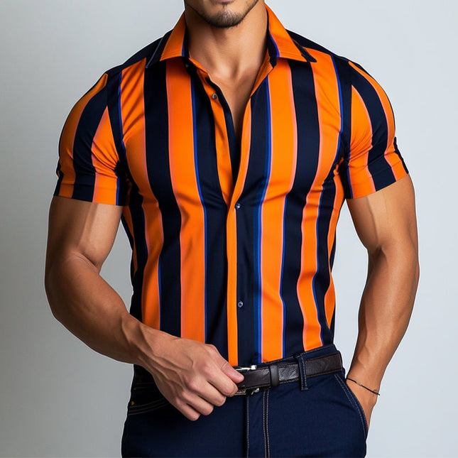 Men's Stripe Print Short Sleeve Lapel Shirt | Casual & Semi-Formal | Classic Style | Comfortable & Durable Fabric | Available in S to 3XL | Breathable & Wrinkle-Resistant