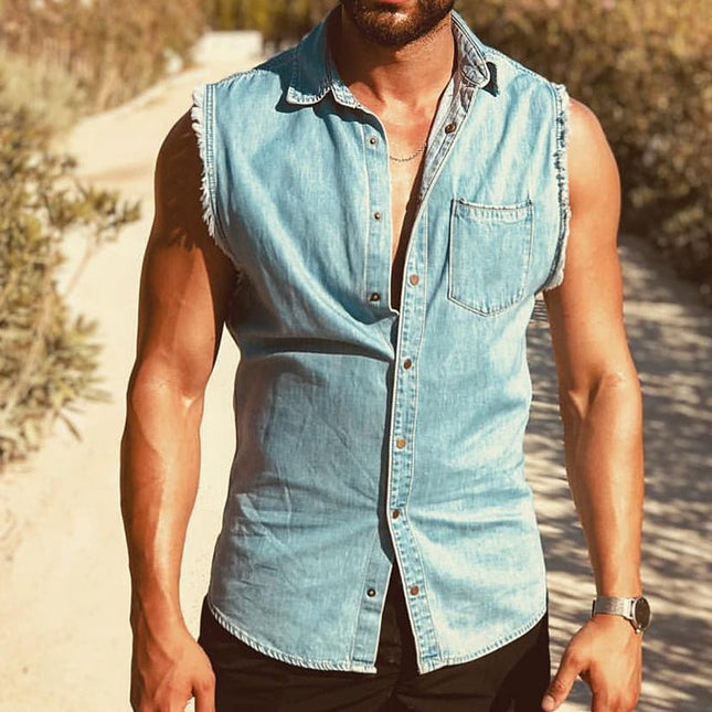 Men's Sleeveless Washed Denim Shirt | Retro Lapel Casual Top | Breathable Vintage Summer Fashion | Classic Style | Soft Durable Fabric | Range of Sizes | Ideal for Layering