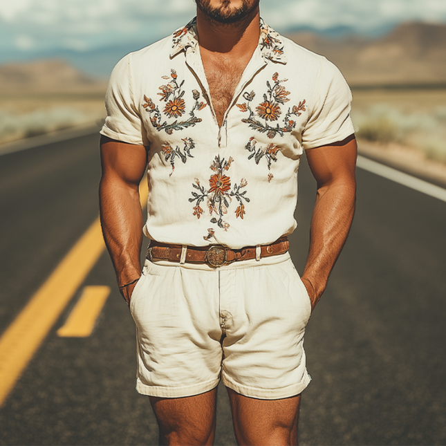 Men's Summer Jumpsuit | Deep V Neck Western Style | Cotton Linen Blend | Embroidered Design | Relaxed Fit | Breathable Fabric | Casual Vacation Wear | Stylish & Comfortable | Practical Pockets