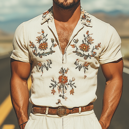 Men's Summer Jumpsuit | Deep V Neck Western Style | Cotton Linen Blend | Embroidered Design | Relaxed Fit | Breathable Fabric | Casual Vacation Wear | Stylish & Comfortable | Practical Pockets