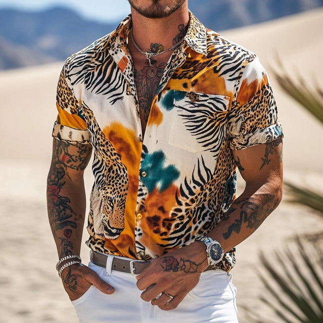 Men's Short Sleeve Shirt | Retro Animal Print | Lapel Collar | Casual Style | Unique Texture Design | Summer Fashion