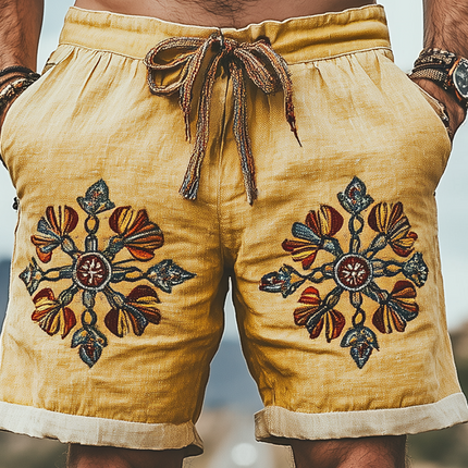 Men's Summer Shorts | Casual Western Style | Ramie Blend | Splicing Embroidery | Breathable Lightweight | Relaxed Fit | Versatile Wardrobe Staple | Comfortable Outdoor Wear