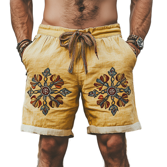 Men's Summer Shorts | Casual Western Style | Ramie Blend | Splicing Embroidery | Breathable Lightweight | Relaxed Fit | Versatile Wardrobe Staple | Comfortable Outdoor Wear