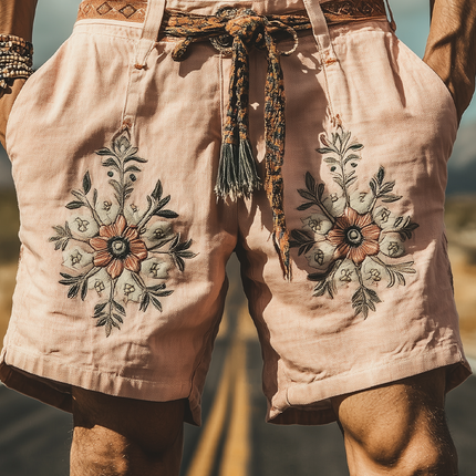 Men's Casual Summer Western Style Shorts | Lightweight Ramie Fabric | Intricate Embroidery | Comfortable Fit | Functional Pockets | Versatile Styling | Fashionable Warm-Weather Apparel