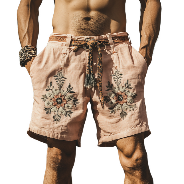 Men's Casual Summer Western Style Shorts | Lightweight Ramie Fabric | Intricate Embroidery | Comfortable Fit | Functional Pockets | Versatile Styling | Fashionable Warm-Weather Apparel