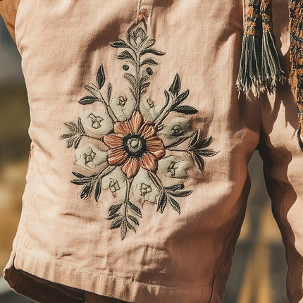 Men's Casual Summer Western Style Shorts | Lightweight Ramie Fabric | Intricate Embroidery | Comfortable Fit | Functional Pockets | Versatile Styling | Fashionable Warm-Weather Apparel