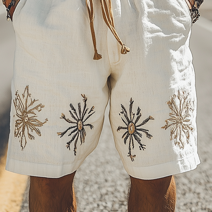 Men's Ramie Embroidery Shorts | Western Style | Summer Casual Fashion | Elastic Waist | Breathable Fabric | Versatile Everyday Wear | Soft Comfort | With Pockets