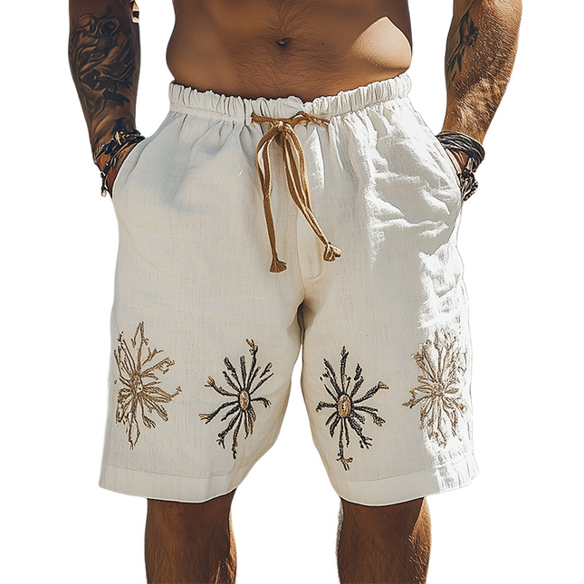Men's Ramie Embroidery Shorts | Western Style | Summer Casual Fashion | Elastic Waist | Breathable Fabric | Versatile Everyday Wear | Soft Comfort | With Pockets