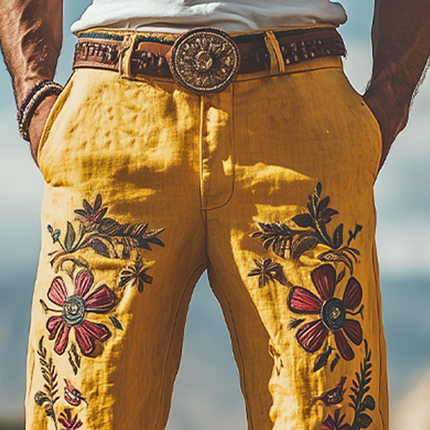 Men's Summer Pants | Casual Western Style | Cotton Linen Blend | Embroidered Details | Breathable & Comfortable | Relaxed Fit | Versatile Style | No Belt | Lightweight & Stylish | Perfect for Warm Weather