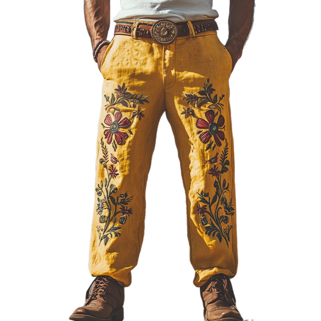 Men's Summer Pants | Casual Western Style | Cotton Linen Blend | Embroidered Details | Breathable & Comfortable | Relaxed Fit | Versatile Style | No Belt | Lightweight & Stylish | Perfect for Warm Weather
