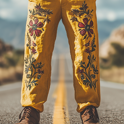 Men's Summer Pants | Casual Western Style | Cotton Linen Blend | Embroidered Details | Breathable & Comfortable | Relaxed Fit | Versatile Style | No Belt | Lightweight & Stylish | Perfect for Warm Weather