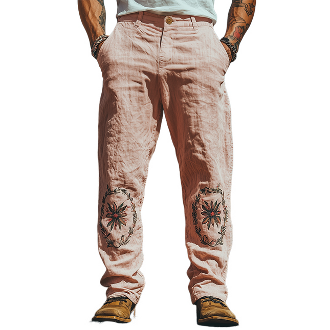 Men's Summer Pants | Casual Western Style | Cotton Linen Blend | Embroidered Details | Relaxed Fit | Breathable | Lightweight | Comfortable | Versatile Pairing | Easy Care | Ideal for Warm Weather