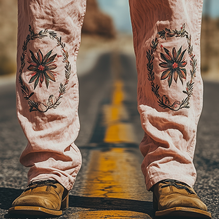 Men's Summer Pants | Casual Western Style | Cotton Linen Blend | Embroidered Details | Relaxed Fit | Breathable | Lightweight | Comfortable | Versatile Pairing | Easy Care | Ideal for Warm Weather