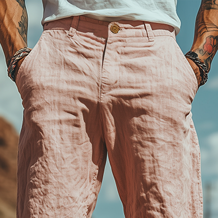 Men's Summer Pants | Casual Western Style | Cotton Linen Blend | Embroidered Details | Relaxed Fit | Breathable | Lightweight | Comfortable | Versatile Pairing | Easy Care | Ideal for Warm Weather