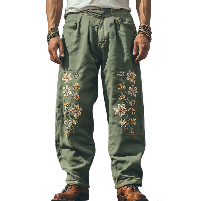 Men's Western Style Embroidered Pants | Spring Summer Cotton Linen Blend | Casual Relaxed Fit | Breathable Lightweight | Fashion Forward Comfort | Versatile Outfits