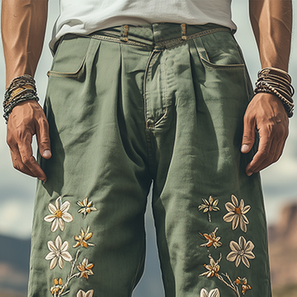 Men's Western Style Embroidered Pants | Spring Summer Cotton Linen Blend | Casual Relaxed Fit | Breathable Lightweight | Fashion Forward Comfort | Versatile Outfits