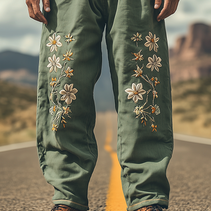 Men's Western Style Embroidered Pants | Spring Summer Cotton Linen Blend | Casual Relaxed Fit | Breathable Lightweight | Fashion Forward Comfort | Versatile Outfits