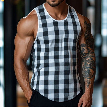Men's Sleeveless Tank Top | Check Print Crew Neck | Casual Wear | Cotton Polyester Blend | Breathable Lightweight Fabric | Sizes S-3XL | For Workouts & Summer Layering | Versatile Relaxed Fit