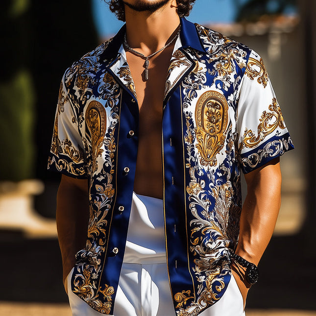 Men's Luxury Vintage Palace Print Satin Shirt | Short Sleeve | Lapel Collar | Retro Elegance | Sizes S-3XL | Smooth Shiny Finish | Casual Semi-Formal Versatility