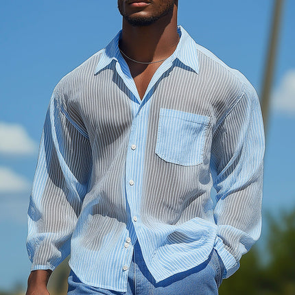 Men's Summer Breathable Striped Organza Long Sleeve Shirt | Lightweight Casual & Semi-Formal Wear | Cool Airy Fabric | Stylish Dress Shirt