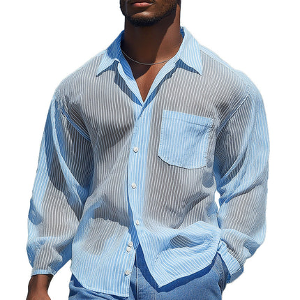 Men's Summer Breathable Striped Organza Long Sleeve Shirt | Lightweight Casual & Semi-Formal Wear | Cool Airy Fabric | Stylish Dress Shirt