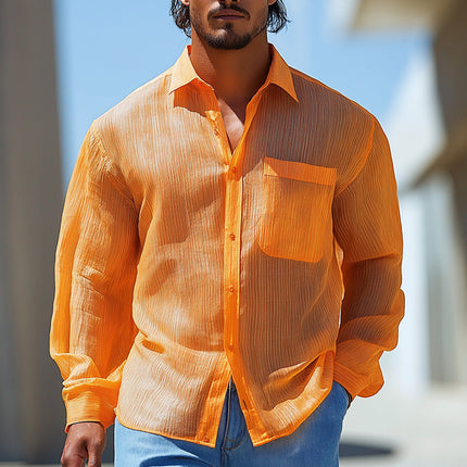 Men's Summer Fashion Striped Organza Long Sleeve Shirt | Breathable Lightweight Fabric | Elegant Transparent Design | Tailored Fit | Stylish Sun Protection | Perfect for Casual or Formal Outfits