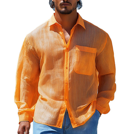 Men's Summer Fashion Striped Organza Long Sleeve Shirt | Breathable Lightweight Fabric | Elegant Transparent Design | Tailored Fit | Stylish Sun Protection | Perfect for Casual or Formal Outfits