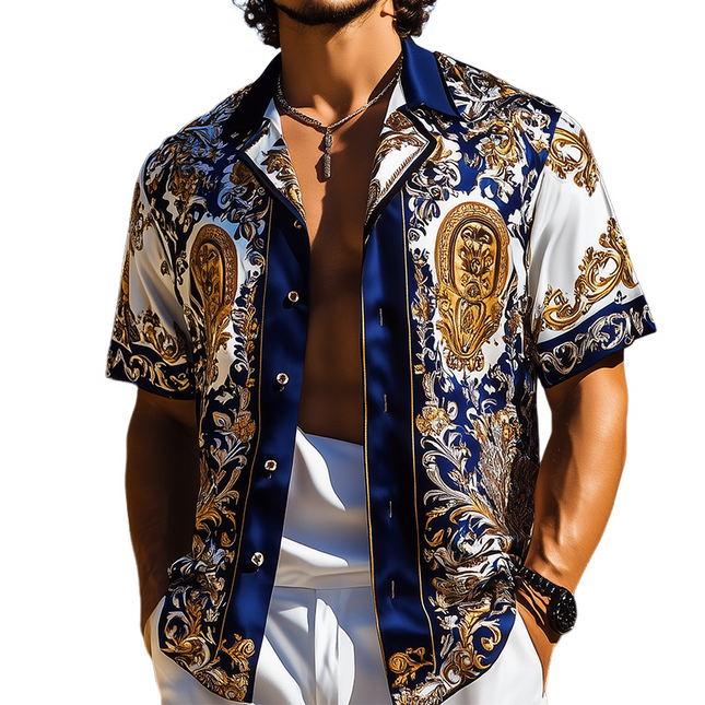 Men's Luxury Vintage Palace Print Satin Shirt | Short Sleeve | Lapel Collar | Retro Elegance | Sizes S-3XL | Smooth Shiny Finish | Casual Semi-Formal Versatility