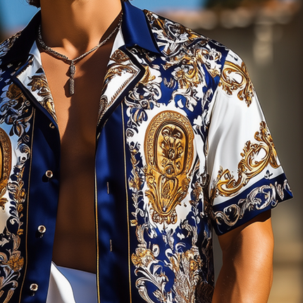 Men's Luxury Vintage Palace Print Satin Shirt | Short Sleeve | Lapel Collar | Retro Elegance | Sizes S-3XL | Smooth Shiny Finish | Casual Semi-Formal Versatility