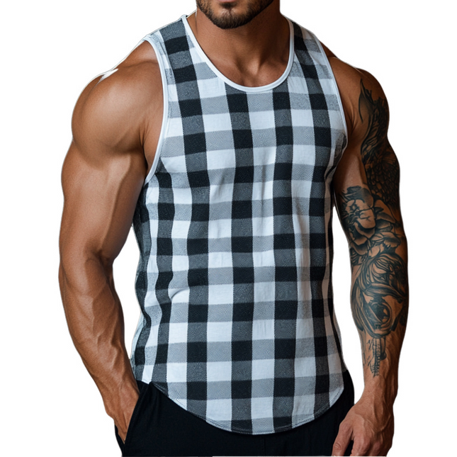 Men's Sleeveless Tank Top | Check Print Crew Neck | Casual Wear | Cotton Polyester Blend | Breathable Lightweight Fabric | Sizes S-3XL | For Workouts & Summer Layering | Versatile Relaxed Fit