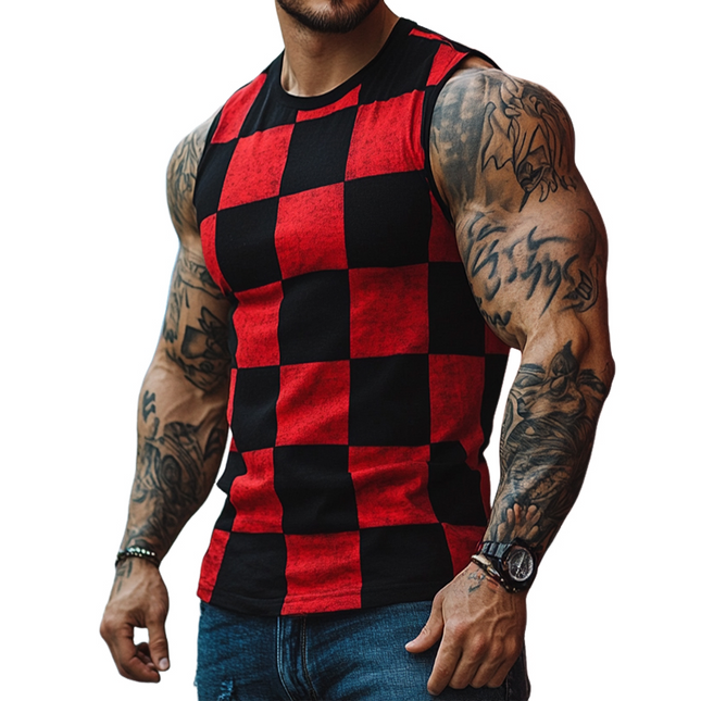 Men's Retro Checkerboard Print Tank Top | Contrast Design | Crew Neck | Sleeveless | Casual Vintage Style | Lightweight Breathable Fabric | Ideal for Warm Weather & Layering | Available in Sizes S to 3XL